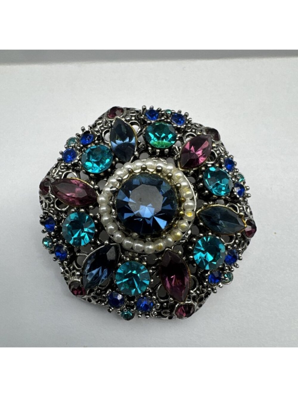 Vintage Art Deco Dome Rhinestone Multicolor Brooch Pin Silver Tone READ